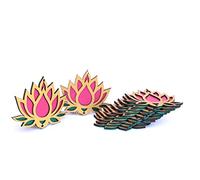 StepsToDo Wooden Lotus Flower Cutouts - Set of 12 | Golden, Rose Pink & Green | Diwali DIY Craft Kit | Decorative for Pooja, Festival, Wedding Return Gifts