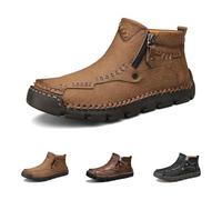 Stepthetop Motorcycle Boots, Men's Casual Leather Shoes,Hand Stitched Mid-Top Loafers, Anti-Slip, for Work, Driving (Khaki,9)
