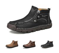 Stepthetop Motorcycle Boots, Men's Casual Leather Shoes,Hand Stitched Mid-Top Loafers, Anti-Slip, for Work, Driving (Black(Fleece-Lined),11)