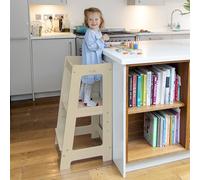 Stepup Baby Montessori Learning Tower Kitchen Helper Stand, Adjustable Toddler Steps with Safety Rail, Solid Wood, Natural Finish