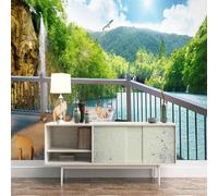 Stereo Balcony Forest Lake Waterfall Bird 3D Wallpaper Premium Textured Silk Study Dining Living Room Bedroom Sofa TV Wall Easy Install-350cm×256cm