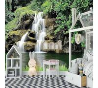 Stereo Green Lake Waterfall Mountain 3D Wallpaper Textured Silk Easy Install Living Room Sofa Bedroom Dining Room Home Decoration Wall-300cm×210cm