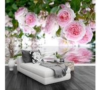 Stereo Green Leaf Pink Flower Reflection 3D Wallpaper Premium Textured Silk Study Dining Living Room Bedroom Sofa TV Wall Easy Install-150cm×105cm