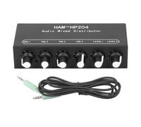 Stereo Mixer Distributor, 2 in 4 Out Line Mixer with 5x Amplification, Independent Volume Control for PC Mic Guitar Keyboard, Ultra Low Noise Aluminum Alloy Case, DC 5V to 19V Powe