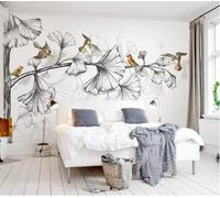 Stereoscopic Black and White Sketch Ginkgo Biloba Leaves Birds 3D Wallpaper Silky Texture Home Study Office Grey Dining Room Sofa Bedroom Living Room TV Backdrop-400cm×280cm