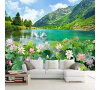 Stereoscopic Mountain Lake Swan Lotus 3D Wallpaper Premium Textured Silk Study Dining Living Room Bedroom Sofa TV Wall Easy Install-350cm×256cm