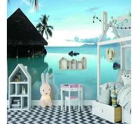 Stereoscopic Simple Sky Sea Coconut Tree 3D Wallpaper Textured Silk Easy Install Living Room Sofa Bedroom Dining Room Home Decoration Wall-200cm×140cm
