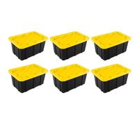 Sterilite 17 Gal Industrial Tote, Stackable Storage Bin with Snap-Fit Lid for Garage, Basement & Attic Storage, Black Base and Yellow Lily Lid, 6-Pack