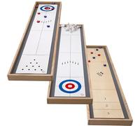Sterling Games Tabletop Shuffleboard, Bowling and Curling 3 in 1 Combo Game Set, Two Sided Wooden Arcade Game Board with Pucks and Bowling Pins, a Table Top Game for Kids and Family