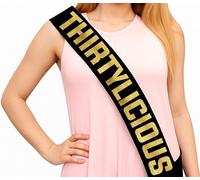 Sterling James Co. Thirtylicious Black and Gold Glitter Satin Sash - Funny 30th Birthday Sash for Him or Her - Party Accessories, Outfit Props and Celebration Gifts