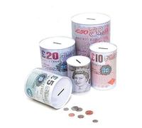 Sterling Pound Note Design Money Savings Tin Box Piggy Bank 15cm x 10cm Money Savings Tin Box Piggy Bank Money Pot Tinplate Saving Money Box £5 £10 £50 £20 Size.