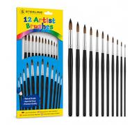 Sterling Products 12 Round Artist Paint Brush Set, Wooden Handle Brushes in Assorted Sizes for Acrylic, Watercolour, Oil, Gouache, Poster Paint, Arts, Crafts, School & Hobby