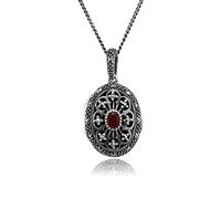 Sterling Silver 0.1ct Cornelian & Marcasite Victorian 45cm Locket Necklace