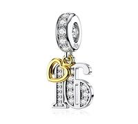 Sterling Silver 16 Charm for Pandora 16th Birthday Charms with Gold Heart