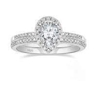 Sterling Silver 2Pcs Halo Engagement Rings Set with 6x9mm Pear Shape Cubic Zirconia for Women, Silver, Size J 1/2