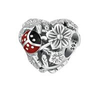 Sterling Silver 925 Charm Ladybird Bug Daisy Flower Love Heart Bead Fits And Compatible With Pandora Bracelets Gift For Mum Birthday Daughter Wife Friend (Ladybird Heart Bead)