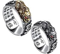 Sterling Silver Adjustable Rings for Women,2PCS Feng Shui Pixiu Mantra Ring,990 Silver Feng Shui PiXiu MANI Mantra Protection Wealth Ring for Men,Feng Shui Ring for Wealth and Protection Good Luck Mon