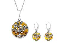 Sterling Silver Amber Round Large Leaves Tree of Life Two Piece Set TOL-112
