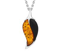 Sterling Silver Amber Whitby Jet Double Stone Leaf Necklace SGN-1174