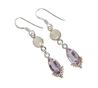 Sterling Silver Amethyst Rainbow Moonstone Earrings 12x6mm Marquise & 5mm Round Gemstone Drop Earrings Bezel Set Purple Blue Dangle Jewelry Handmade Gift for Women
