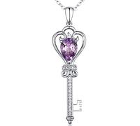 Sterling Silver and Natural GemStone Amethyst Love Heart Key Pendant Necklace