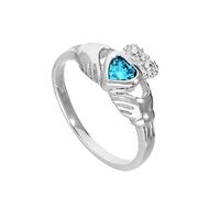 Sterling Silver & Aquamarine CZ Crystal March Birthstone Claddagh Ring Size O (Available I - U)