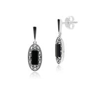 Sterling Silver Art Deco Style Oval Onyx, Marcasite & Black Enamel Drop Earrings