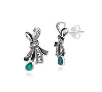 Sterling Silver Art Nouveau Marcasite, Chalcedony & Enamel Stud Earrings
