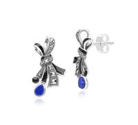 Sterling Silver Art Nouveau Marcasite & Lapis Lazuli Ribbon Stud Earrings