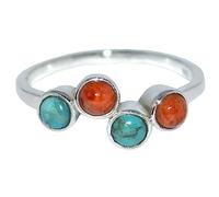 Sterling Silver Authentic Blue Turquoise Red Coral Ring. Multi Gemstone Half Eternity stackable Band. Unique Handmade Jewellery Gifts (U)