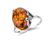 Sterling Silver Baltic Honey Amber Ring for Women - Genuine Natural Amber Oval Cabochon, 925 Silver, GIA Certified
