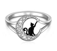 Sterling Silver Black Cat Ring Celtic Knot Crescent Moon Cat Matching Thumb Rings for Women Girls Cute Kitty Animal Pentagram Pentacle Halloween Cats Lover Gifts Size 79, Sterling Silver, Cubic