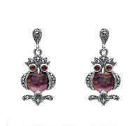 Sterling Silver Blue John Marcasite and Garnet Owl Drop Earrings - Silver MRC-629