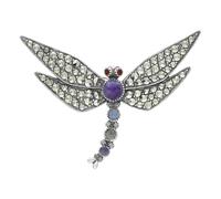 Sterling Silver Blue John Marcasite Garnet Moonstone Dragonfly Brooch - Silver