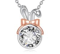 Sterling Silver Bunny Bow Moissanite Pendant Necklace for Women, Cute Rabbit Ears with Round Brilliant Moissanite, Easter Valentine’s Day Birthday Gift Jewelry