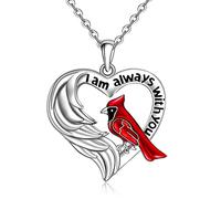 Sterling Silver Cardinal Necklace with Heart and Angel Wings Pendant I Am Always With You