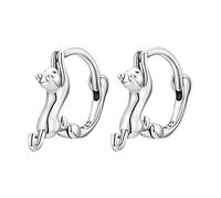Sterling Silver Cat Earrings - Simple & Cute Animal Circle Hoop Earrings for Ramadan Days (Silver, One Size)