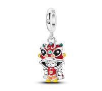 Sterling Silver Chinese Lion Dance Charm, Red Enamel Dangle Bead for Bracelet, 1.07x0.41 Inch, Traditional Festival Style