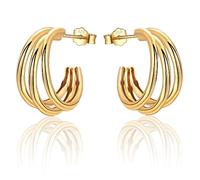 Sterling Silver Chunky Triple Hoop Earrings, 18k Gold Plated Claw Hoops - Hypoallergenic, Lightweight Birthday Gifts for Her