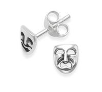 Sterling Silver Comedy and tragedy Earrings - Drama Masks Stud Earrings - SIZE: SMALL 6mm x 5mm. MUCH SMALLER THAN SHOWN (note how large the post is). Gift boxed. 5252