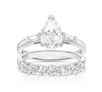 Sterling Silver Created White Sapphire Pear & Baguette Bridal Set