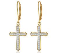 Sterling Silver Cross Earrings for Women 18k Gold Plated Cubic Zirconia Religious Christian Baptism Dangles Earrings Jewellery Christmas Gifts
