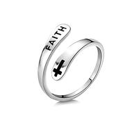 Sterling Silver Cross Faith Wrap Ring, Adjustable Size L 1/2 to S, Christian Religious Stacking Open Band for Women Men