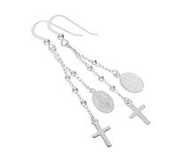 Sterling Silver Cross & Miraculous Medal Dangle Drop Earrings