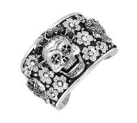 Sterling Silver Day Of The Dead Skull Flowers Wide Cuff Bangle - Silver GTH-202