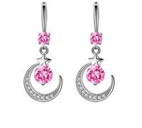Sterling Silver Earrings For Women Dangling,Moon And Star Earrings Dangle,Dainty 925 Silver Hook Earrings,Hypoallergenic Zircon Stud Earrings Set, Shiny Diamond Drop Earrings Gift For Birthday