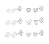 Sterling Silver Earrings Set - Small Pearl & Heart Studs, Mini Sleeper Cartilage Earrings for Women