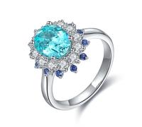 Sterling Silver Engagement Rings, Mom Rings for Women Silver Sun Flower with 3.09Ct Created paraiba Tourmaline Size P 1/2
