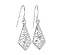 Sterling Silver Filigree Diamond Shaped Leaf Dangle Earrings