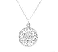 Sterling Silver Flower Mandala Medallion Necklace for Women - 925 Silver Round Filigree-Style Disc Pendant on 18" Curb Chain - Sacred Geometry Boho Jewellery - Ornate Openwork